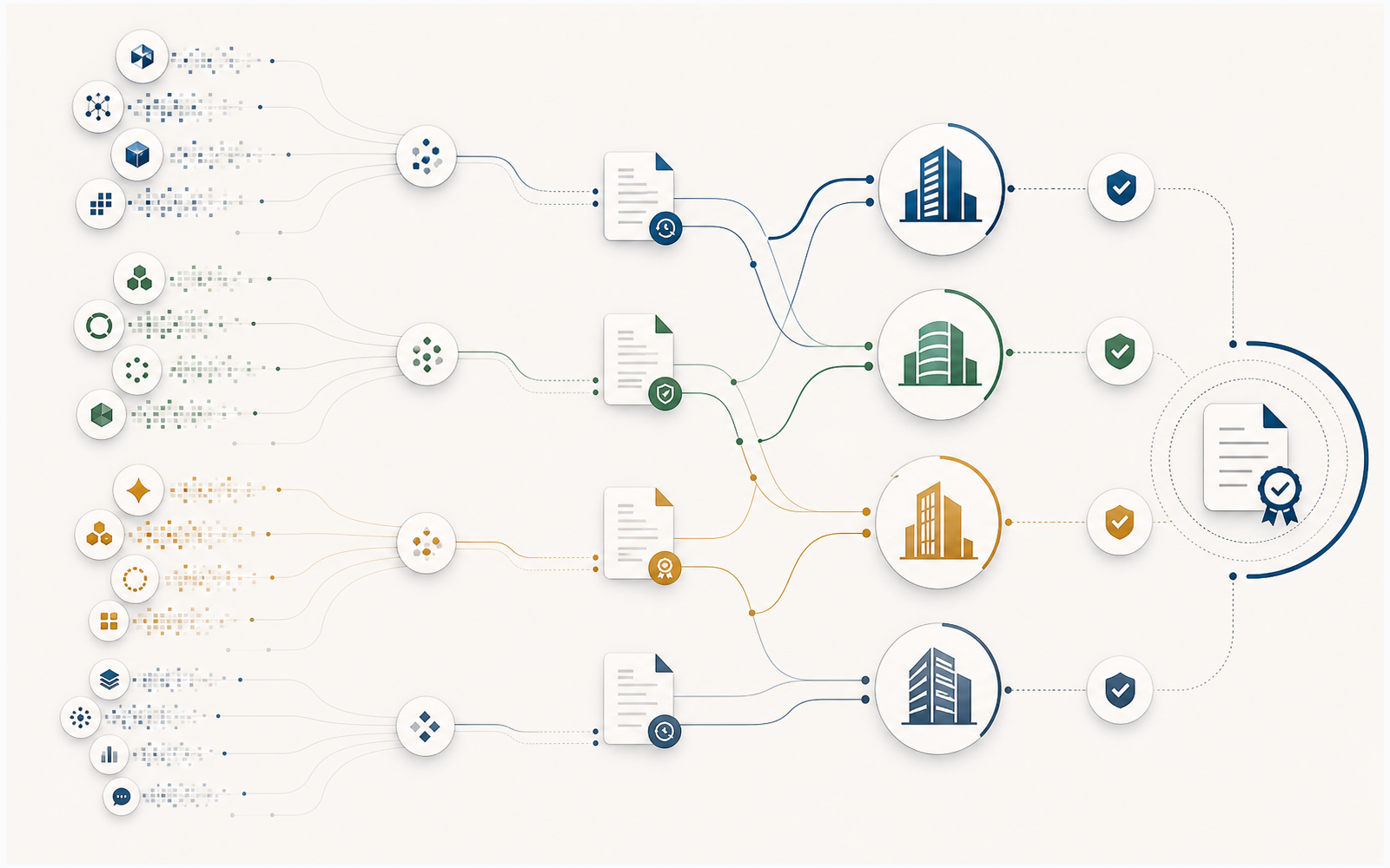 Abstract buyer category map with source documents, connected company nodes, and verification marks